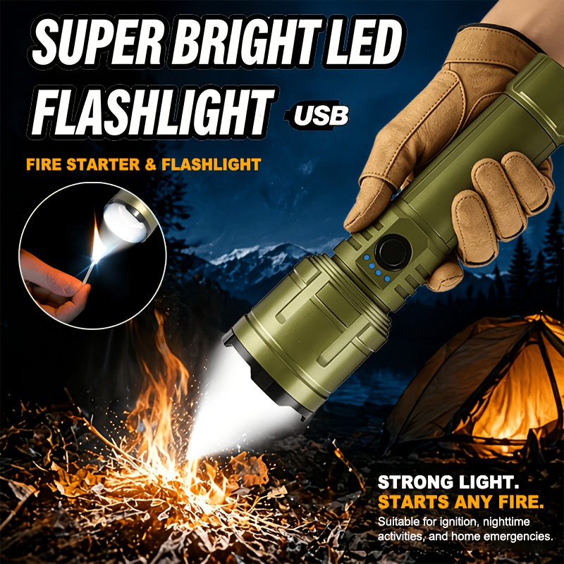 Outdoor Adventure Trips - 懐中電灯ライター＆モバイルバッテリーコンボ、充電式、ズーム可能な超高輝度ビーム、アウトドアキャンプ緊急用5モード懐中電灯
