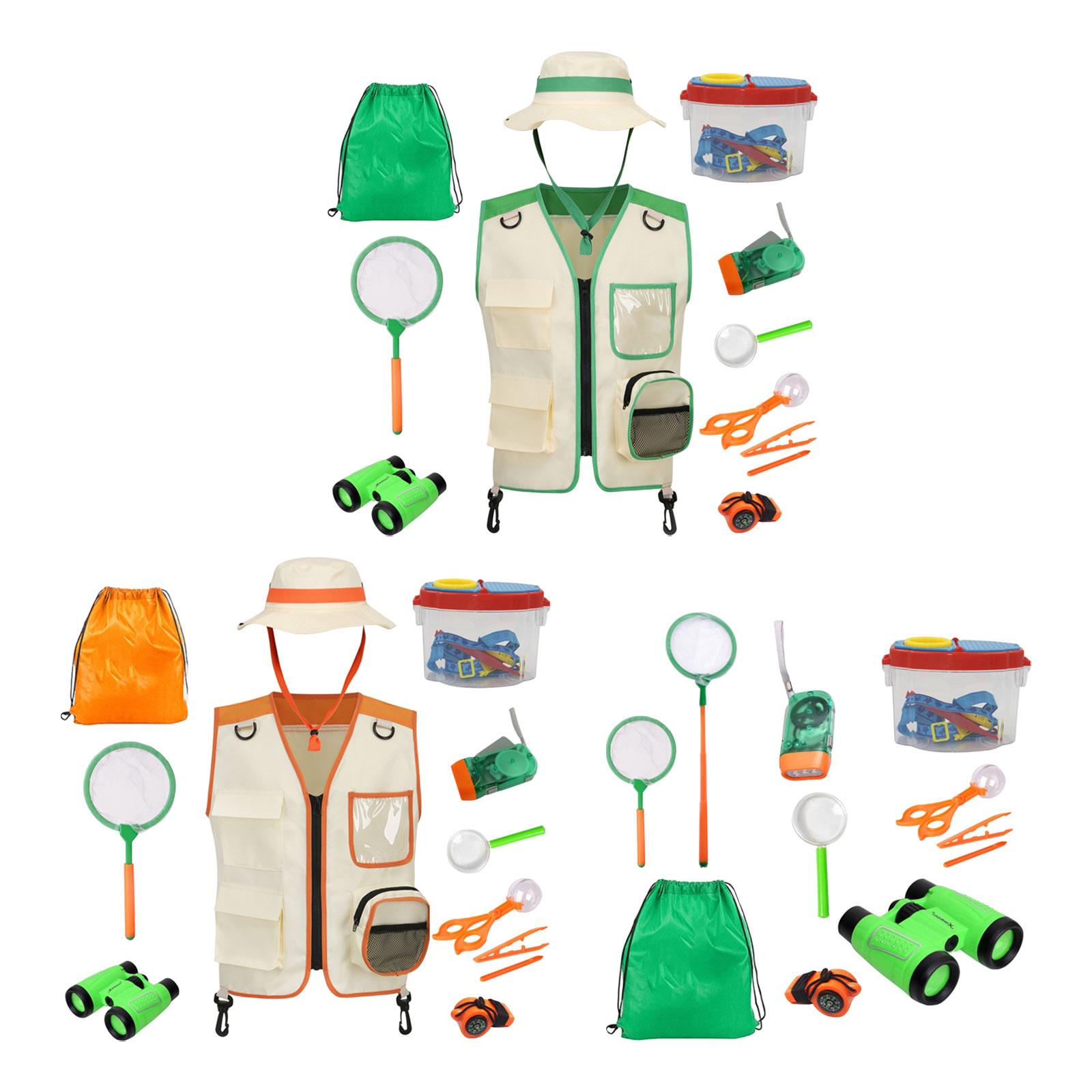 Outdoor Adventure Kit For Kids - 男の子向け、帽子と道具が付いたアウトドアアドベンチャー用キッズカーゴベスト。探検家コスチュームキット。釣り、キャンプ、ハイキングのおもちゃ。