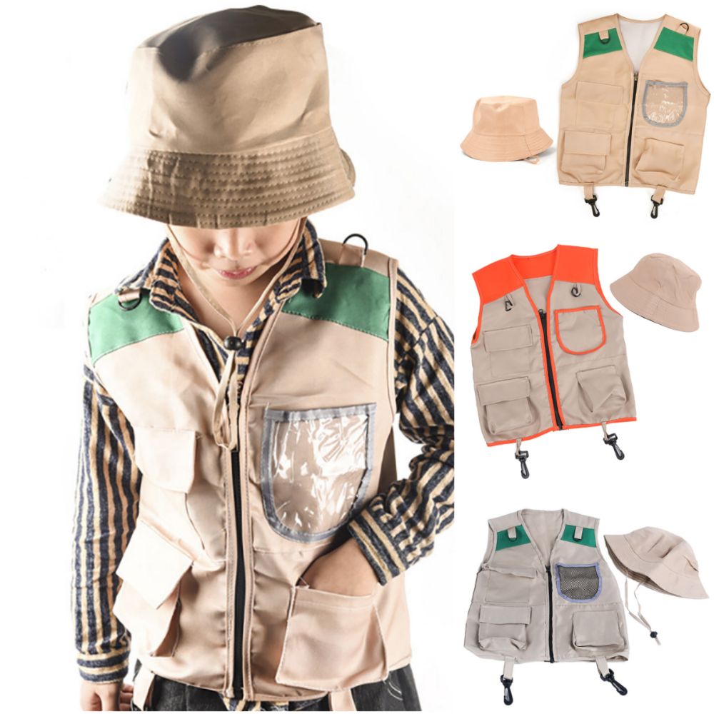 Outdoor Adventure Kit For Kids - カラフルな子供用探検家帽子とベストのセット。着せ替えゲームや、アウトドアでの冒険に最適なカーゴデザイン。子供用探検ベストと帽子。